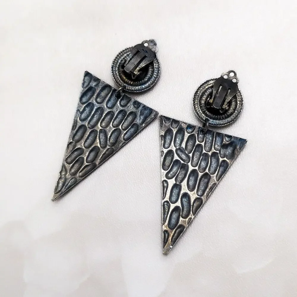 Vintage Clip On Earrings Long Triangle Shape Statement Dangle Dark Metal